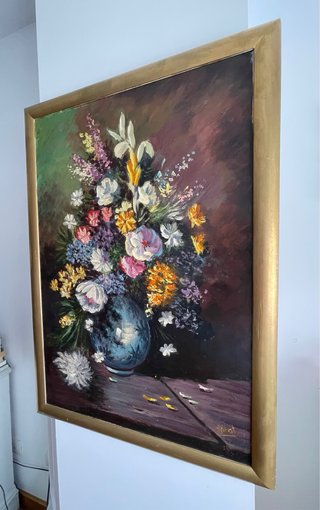 Cuadro antiguo óleo lienzo flores jarrón azul