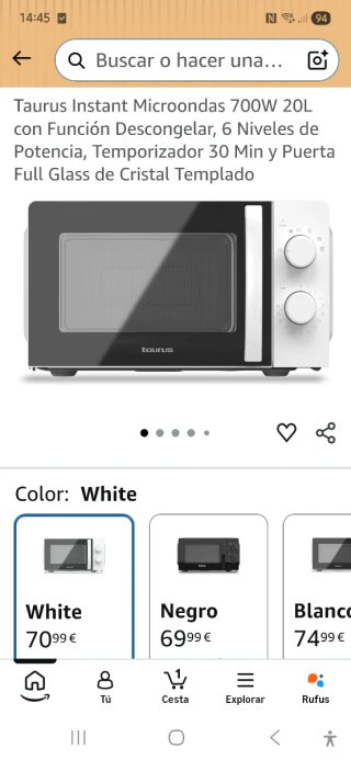Microondas Taurus 20L Blanco