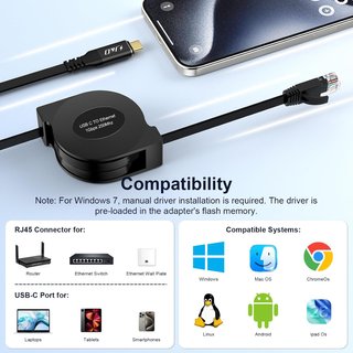 Cable USB C a Ethernet Retráctil 1.8m Gigabit CAT6