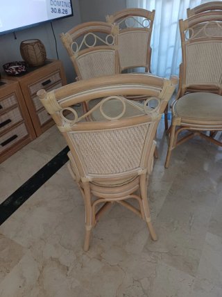 6 Sillas de Comedor Rattan y Tela Beige