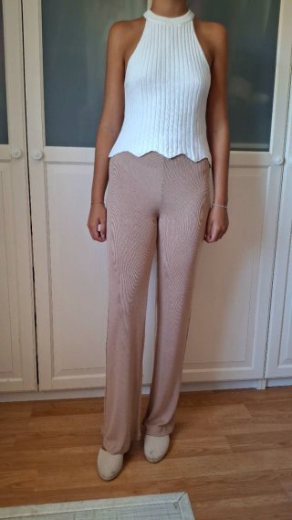Pantalón recto cintura alta elástico beige