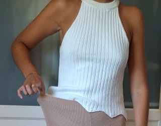 Pantalón recto cintura alta elástico beige