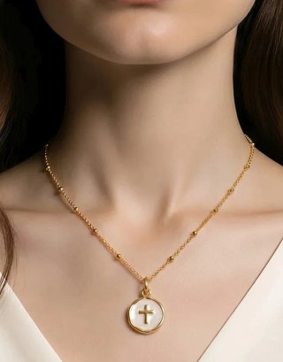 Collar Cruz Esmalte Blanco Baño Oro