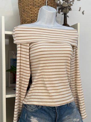 Jersey Hombro Descubierto Rayas Beige y Marrón