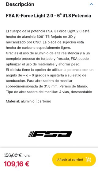 Potencia FSA K-Force Light Carbon 31.8