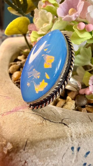 Anillo Plata 925 Ópalo Doble azul Hecho a Mano
