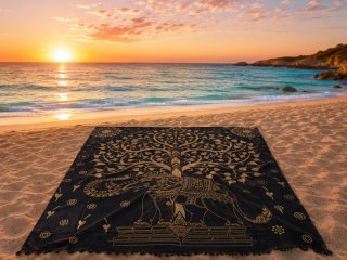 Colcha India Mandala Algodón Negra y Dorada.