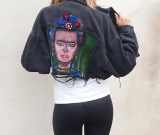 Giacca jeans nera con Frida Kahlo