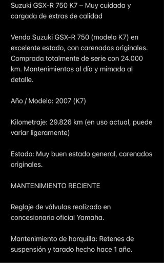 Suzuki GSXR 750 K7 muy cuidada y con muchos extras
