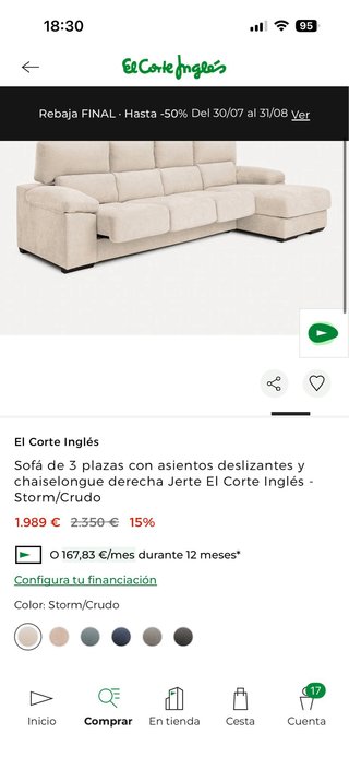Sofá 3 plazas con chaiselongue y asientos deslizan