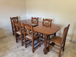 Mesa comedor madera maciza nogal y 6 sillas