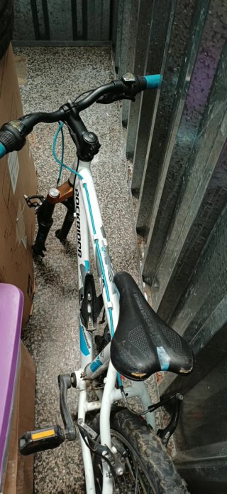 Bicicleta Rockrider blanca y azul