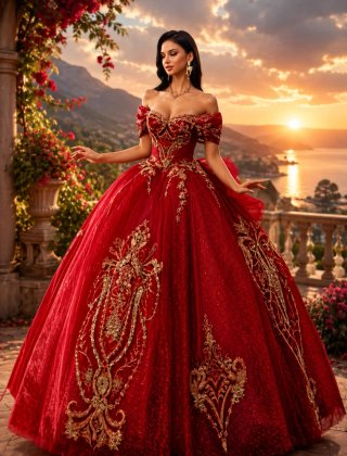 Vestido de Quinceañera Rojo y Dorado