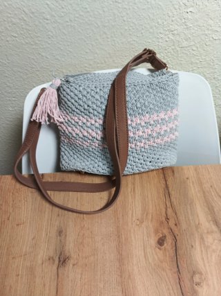 Bolso Crochet Gris y Rosa