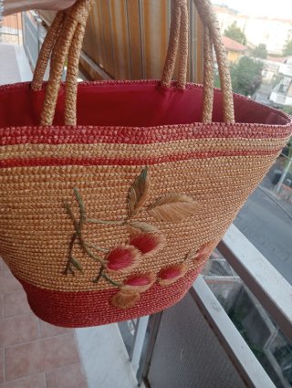 Borsa paglia due manici beige e rossa