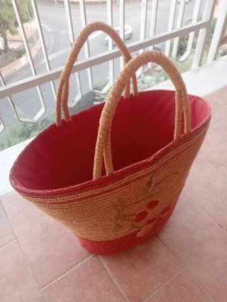 Borsa paglia due manici beige e rossa
