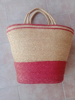 Borsa paglia due manici beige e rossa