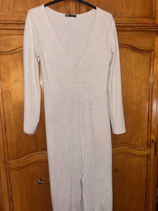 Vestido largo Zara beige canalé