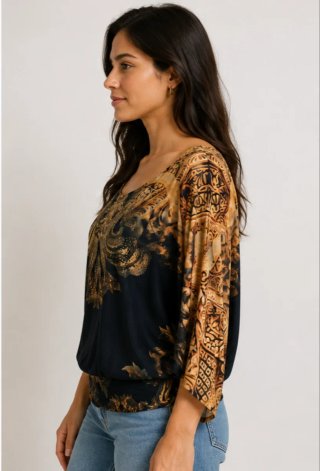 Blusa M/L Estampada Negra y Dorada