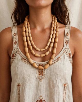 Collana 3 fili legno naturale Y2K