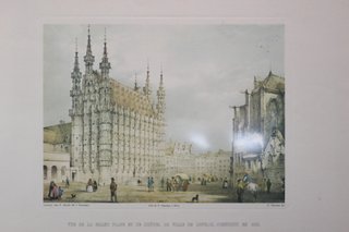Pareja de reproducciones de grabados antiguos del Ayuntamiento de Lovaina, Bélgica.