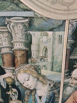 Cuadro , lamina enmarcada en marco de madera 63x49x2 cm, de Jan Van Dornicke ,adoración de los reyes magos (1500)