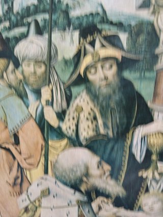 Cuadro , lamina enmarcada en marco de madera 63x49x2 cm, de Jan Van Dornicke ,adoración de los reyes magos (1500)