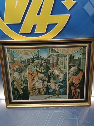 Cuadro , lamina enmarcada en marco de madera 63x49x2 cm, de Jan Van Dornicke ,adoración de los reyes magos (1500)