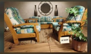 Sofá y sillones de madera y tela