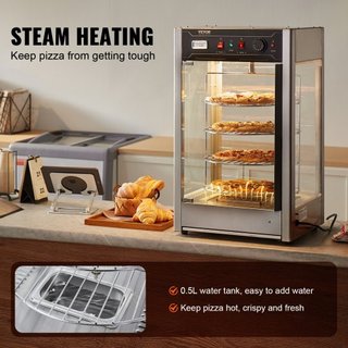Exhibidor de Comida Comercial para Pizza de 14", Calentador de Pizza de 4 Niveles con Calentamiento por Vapor Rotativo, Control de Temperatura de 30℃~85℃ y Pantalla de Temperatura, Luz de Horno de...