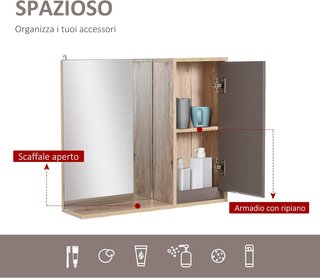 Armario Colgante para el Baño con Estante, Espejo y 2 Estantes, Espejo de Baño Contenedor Instalación en Pared, Gris y Roble, 57 x 14.2 x 49.2cm