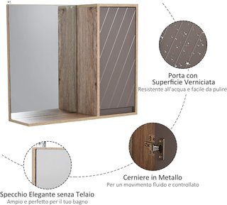 Armario Colgante para el Baño con Estante, Espejo y 2 Estantes, Espejo de Baño Contenedor Instalación en Pared, Gris y Roble, 57 x 14.2 x 49.2cm