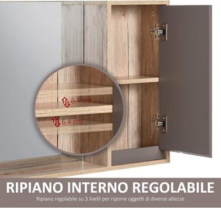 Armario Colgante para el Baño con Estante, Espejo y 2 Estantes, Espejo de Baño Contenedor Instalación en Pared, Gris y Roble, 57 x 14.2 x 49.2cm