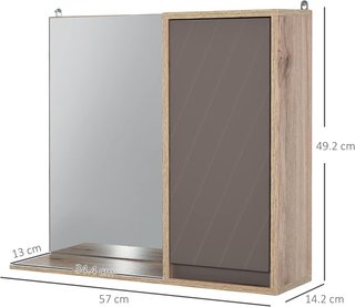 Armario Colgante para el Baño con Estante, Espejo y 2 Estantes, Espejo de Baño Contenedor Instalación en Pared, Gris y Roble, 57 x 14.2 x 49.2cm