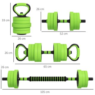Set di pesi da palestra 4 in 1 da 40 kg totali in plastica e sabbia, set di manubri regolabili utilizzabili come kettlebell, 2 manubri, barra e supporto per flessioni