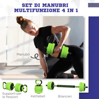 Set di pesi da palestra 4 in 1 da 40 kg totali in plastica e sabbia, set di manubri regolabili utilizzabili come kettlebell, 2 manubri, barra e supporto per flessioni