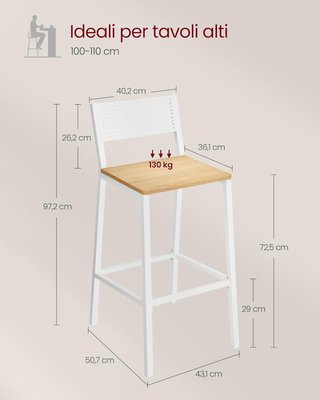 Set di 2 Sgabelli da Cucina, Sgabelli da Bar, Sgabelli Alti per Cucina, Soggiorno, Studio, Stile Industriale, Beige Rovere e Bianco LBC070W09