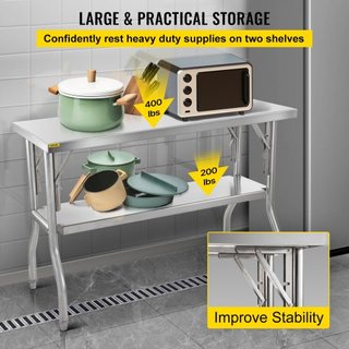 Mesa de Trabajo Comercial Estación de Trabajo 121.9x61 cm Mesa de Preparación Comercial Plegable, Mesa Plegable de Acero Inoxidable de Alta Resistencia con Carga de 350.2 kg, Mesa de Cocina, Isla ...