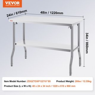 Mesa de Trabajo Comercial Estación de Trabajo 121.9x61 cm Mesa de Preparación Comercial Plegable, Mesa Plegable de Acero Inoxidable de Alta Resistencia con Carga de 350.2 kg, Mesa de Cocina, Isla ...