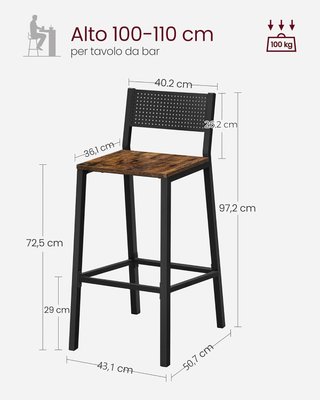 Set di 2 Sgabelli da Bar, Sgabelli Alti per Cucina, Soggiorno, Studio, Stile Industriale, Marrone Vintage e Nero LBC070B01
