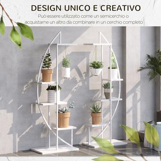 Soporte de Plantas de 5 Niveles en Media Luna, Soporte para Flores para Interiores y Exteriores en MDF y Acero, 50X30X160 Cm, Blanco