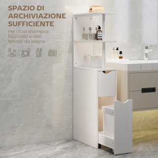 Mueble de Baño Slim con Cajones y Estantes, Mueble de Baño Ahorra Espacio con Cajón sobre Ruedas, Columna de Baño para Comedor Sala de Estar, 20X45X115 Cm, Blanco
