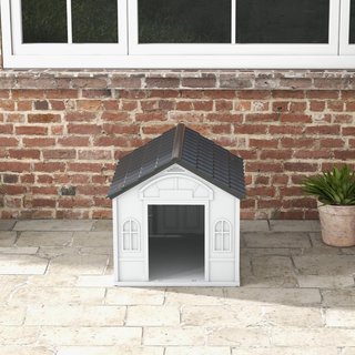 Casetta per Cani di Taglia Media e Piccola con Tetto Inclinato e Porta d'Ingresso, Casa per Cani in PP Impermeabile, 65X75.7X63 Cm, Grigio