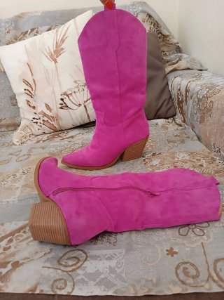 Stivali camperos fucsia tacco largo