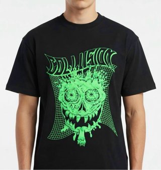 Camiseta Negra Dibujo Robot Verde Brillante.