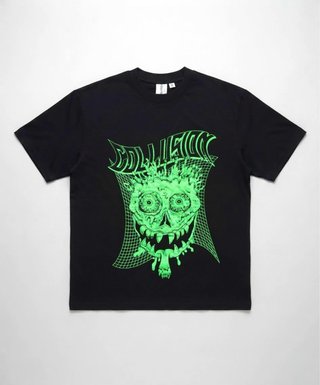 Camiseta Negra Dibujo Robot Verde Brillante.
