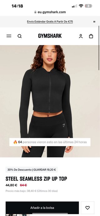 Gymshark Top Deportivo Manga Larga Negro Sin Usar