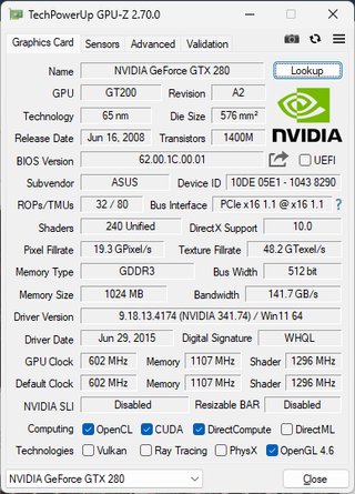 ASUS GeForce GTX 280 1GB GDDR3 Retro Colección