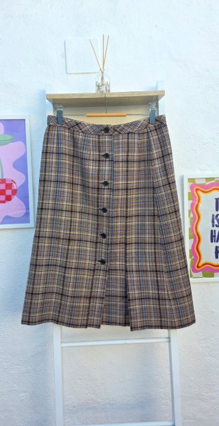 Falda de cuadros marrón y azul vintage de lana