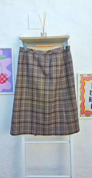 Falda de cuadros marrón y azul vintage de lana